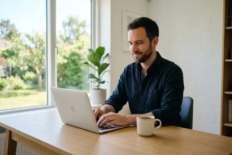 Focused entrepreneur dad working at a clean organized desk with natural light