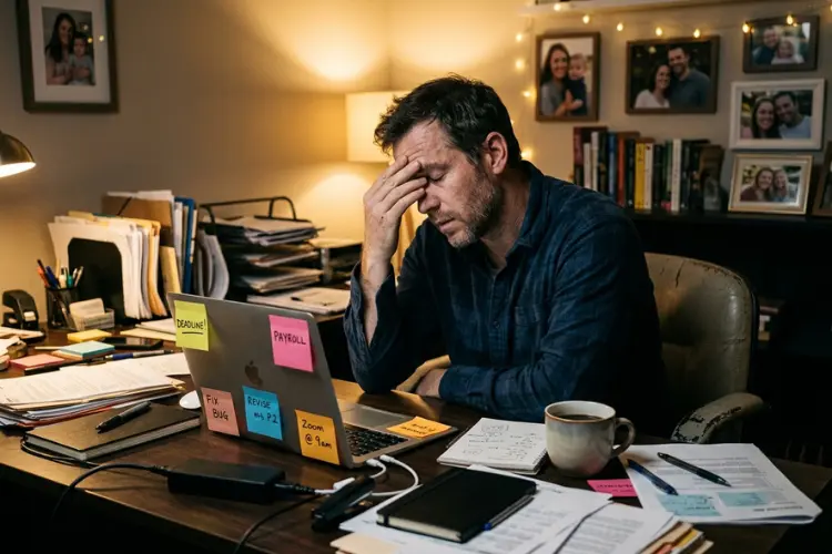 Overwhelmed entrepreneur dad working late at a messy desk