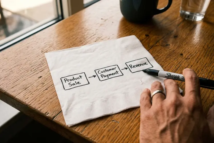 Simple business revenue flow diagram drawn on a napkin