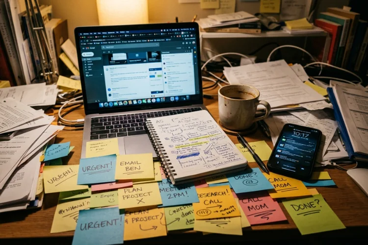 cluttered desk with sticky notes