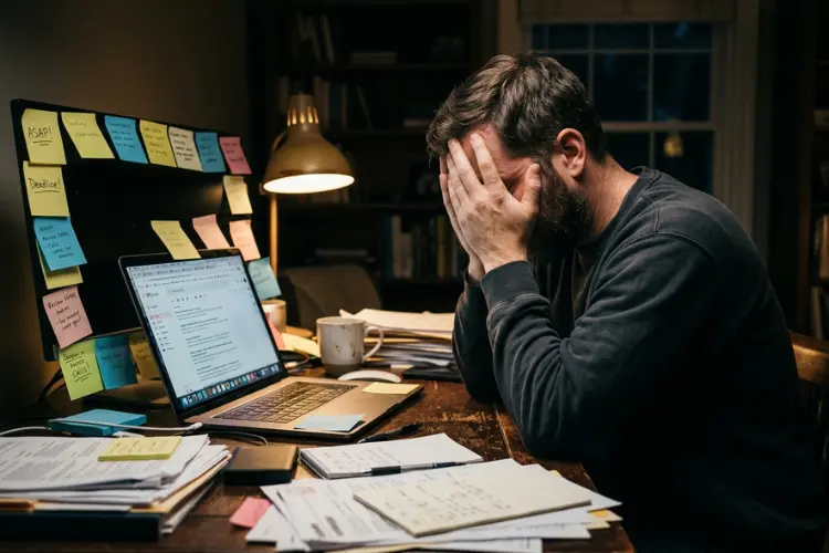 Close-up overwhelmed dad, hands over face, sticky-note-covered monitor