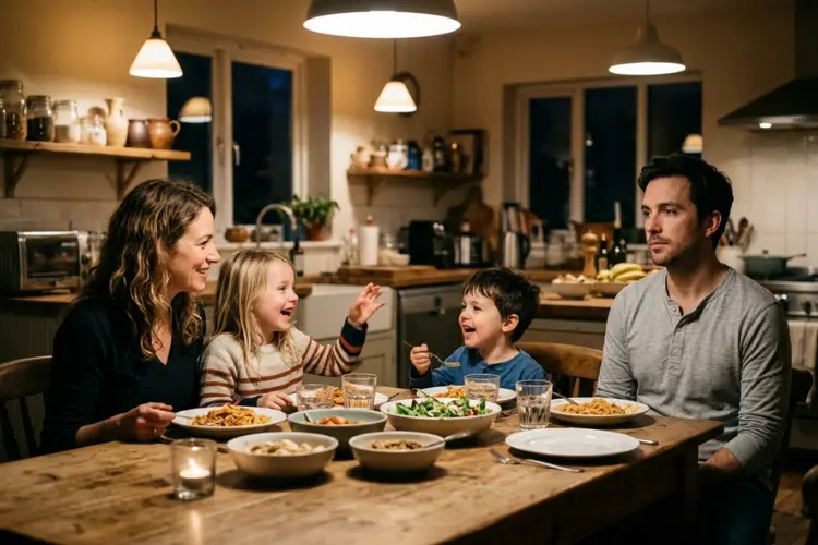 Family dinner table, distracted dad while kids and wife are engaged