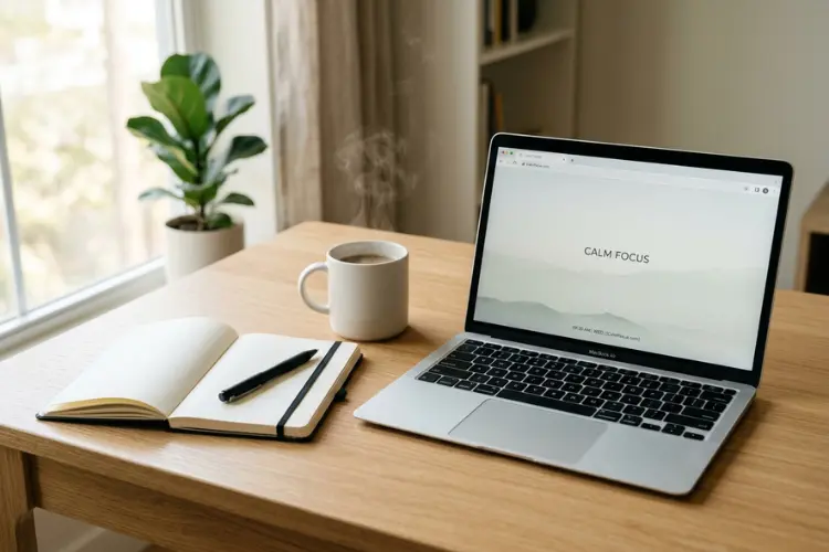 Clean minimal desk, single notebook, one coffee, one tab open — the simplicity contrast